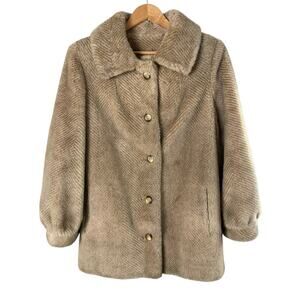 Vintage 70s Beige‎ Faux Fur Coat Style VI Ltd Collared Button Front, Sz Medium
